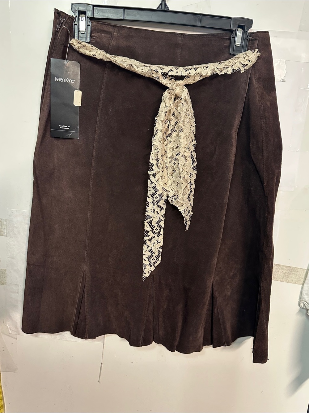 Karen Kane Brown Suede A-Line Skirt with Cream Lace Tie nwt
